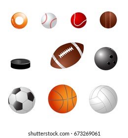 Set of balls on isolated white background. Sport inventory. Vector illustration.