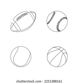 Juego de bolas. Arte de una sola línea: rugby, béisbol, baloncesto, tenis. Equipamiento deportivo. Ilustración vectorial.