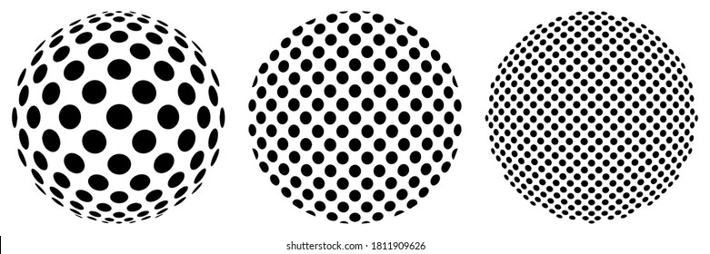 Set of balls of optical illusion. Spheres from different angles. Sphere with circle structure. Vector. Black and white.