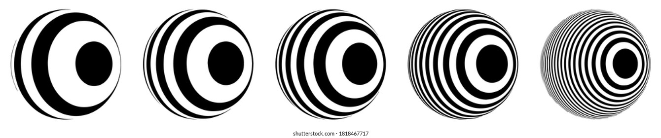 Set of balls of optical illusion. Spheres from different angles. Sphere of stripes. Vector. Black and white.