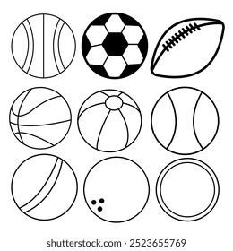 Set of balls outlines. Collection of inventory for different sports. Football, rugby, basketball, volleyball, golf, bowling, hockey and tennis.vector illustrations isolated on white background. Eps