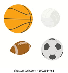 Set of balls for playing games vector illustration. Round icons of sports equipment isolated on white background. Leather oval rugby gear. volleyball, football, basketball, american football