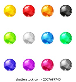 Set Balls Shiny Glossy Colorful Game Asset. Magic Crystal Glass Sphere, Bubbles Shot Elements. Cartoon Vector GUI App