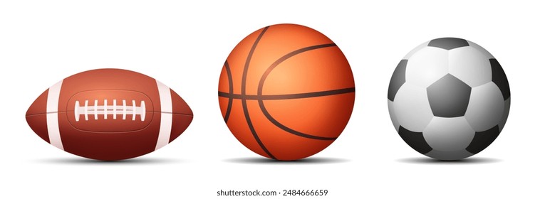 Set of balls. Soccer ball, basketball and American football. Vector 3d illustration.