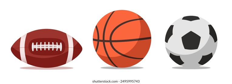 Set of balls. Soccer ball, basketball and American football. Vector illustration.