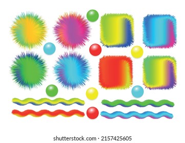 set of balls, SQUARE, WAVE with fur effect. colorful shaggy ball. Colorful cartoon fluffy pompons. Fur balls. Vector isolated on white background. Funny fur balls for game design.