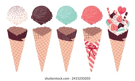 Un conjunto de bolas de varios helados en un cono de gofre. Fresa variada, menta, crema, bolas de helado de chocolate. Helados llenos de dulces, malvaviscos y espolvorines. Clíparte vectorial ilustrada.