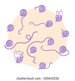 Set of balls of wool and little kitten on white background. Vector graphic elements. Hand drawn style illustration. Perfect for posters, wrapping, package, textile design.