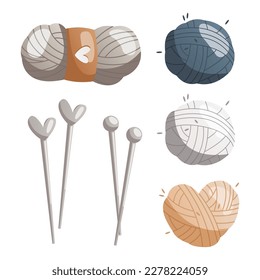 Juego de bolas de lana, agujas para tejer. Mancha de hilo de lana. Herramientas y equipamiento para el trabajo de punto, la artesanía. Hobby en casa. Estudio de punto, diseño de publicidad de taller. Vector.