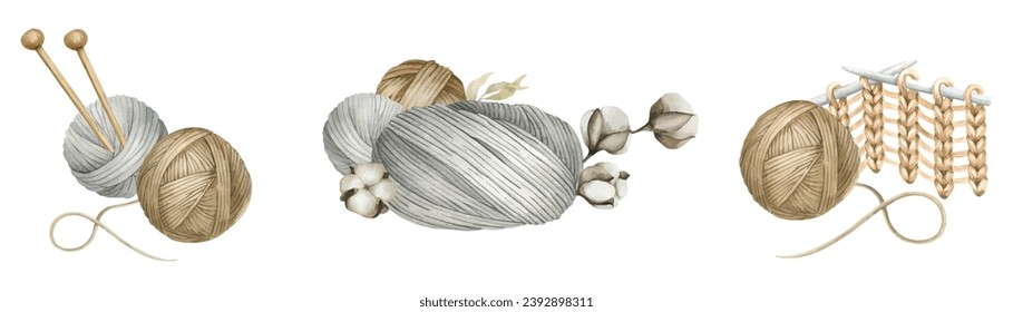 A set of balls of yarn, balls of wool, skeins of yarn, wooden knitting needles, scissors. Isolated watercolor illustrations. For product packaging design, knitter's blog,needlework store