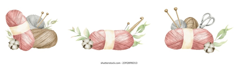 A set of balls of yarn, balls of wool, skeins of yarn, wooden knitting needles, scissors. Isolated watercolor illustrations. For product packaging design, knitter's blog,needlework store