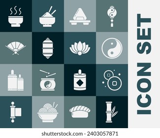 Set Bamboo, Chinese Yuan currency, Yin Yang, Sushi on cutting board, paper lantern, Paper chinese folding fan, tea ceremony and Lotus flower icon. Vector
