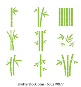 Set of bamboo design elements. Leaves and trunks of bamboo logos. Vector illustration.