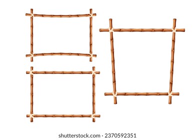 Set Bamboo frame from sticks and rope in cartoon style, border isolated on white background. Colection Tribal panel, game menu.