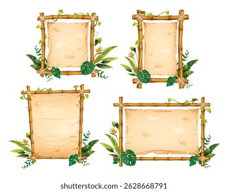 Set of bamboo frame with vines, leaves, and tropical flower, framing an empty parchment paper, perfect for nature themes. Vector cartoon illustration