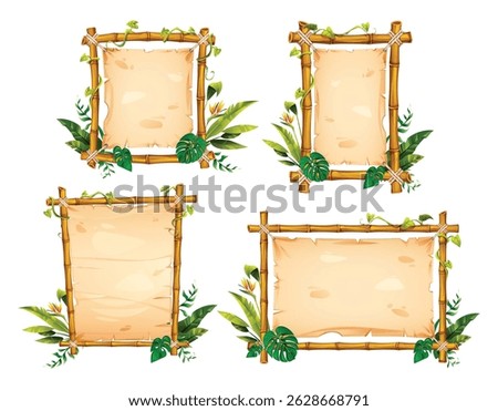 Set of bamboo frame with vines, leaves, and tropical flower, framing an empty parchment paper, perfect for nature themes. Vector cartoon illustration
