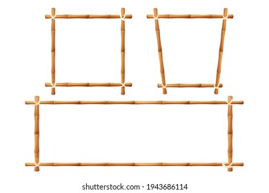 Set of bamboo frames in cartoon style isolated on white background. Empty banner, border from natural wood, sticks with rope stock vector illustration.