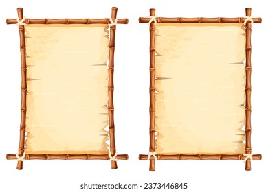 Set Bamboo frames with old parchment paper decorated with rope in cartoon style isolated on white background. Game ui board, sign