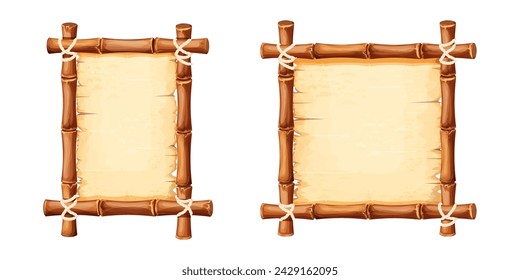 Set Bamboo frames with old parchment paper decorated with rope isolated on white background. Game ui board, sign