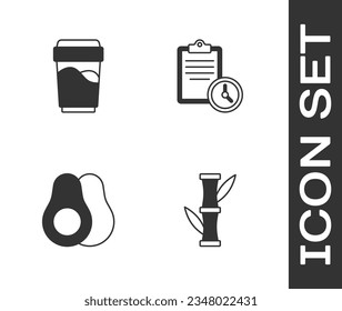 Set Bamboo, Glass with water, Avocado fruit and Sport training program icon. Vector