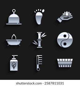 Set Bamboo, Hairbrush, Sauna bucket, Yin Yang, Essential oil bottle, Aroma candle, Lotus flower and hat icon. Vector