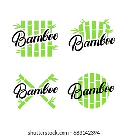 Set of Bamboo hand written lettering logo, label, badge, emblem. Green leaves and stems. Isolated on white background. Vector illustration.