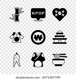 Set Bamboo, K-pop, Love Korea with heart, Ginseng root, Kimono, Ramen,  and South Korean won coin icon. Vector