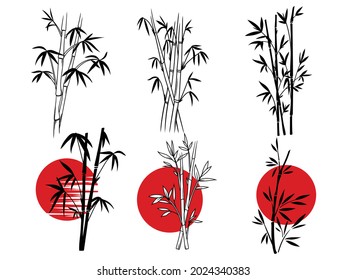 Conjunto de bambú con un círculo rojo. Colección de tallos de bambú con litsca. Planta asiática. Ilustración vectorial aislada en fondo blanco.