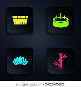 Set Bamboo, Sauna bucket, Lotus flower and Swimming pool with ladder. Black square button. Vector
