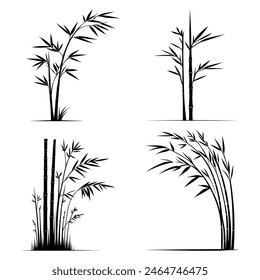 Set von Bambus-Silhouette auf weißem Hintergrund. Stems, Äste und Blätter aus schwarzem Bambus. Vektorillustration.