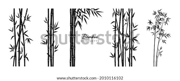 Set of bamboo\
silhouette on white background. Black bamboo stems, branches and\
leaves. Vector\
illustration.