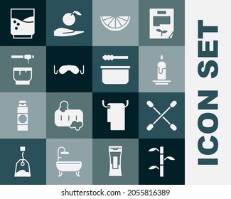 Set Bamboo stems with leaves, Cotton swab for ears, Burning candle, Citrus fruit, Eye sleep mask, Honey dipper stick bowl, Glass water and Sauna bucket ladle icon. Vector