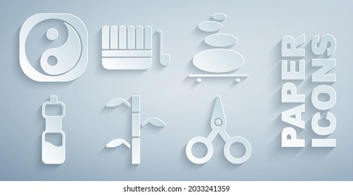 Set Bamboo stems with leaves, Stack hot stones, Bottle of water, Scissors, Sauna bucket and ladle and Yin Yang icon. Vector