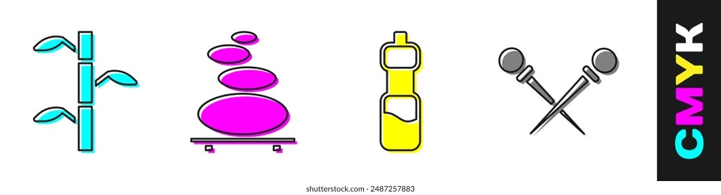 Set Bamboo stems with leaves, Stack hot stones, Bottle of water and Knitting needles icon. Vector