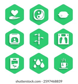 Set Bamboo stems with leaves, Water drop, Cup of tea tea bag, Bathroom scales, Leaf document, Aroma lamp, Lemon and Heart hand icon. Vector