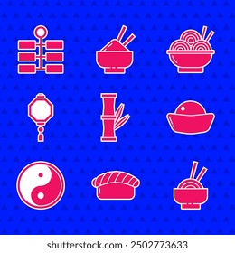 Set Bamboo, Sushi, Asian noodles in bowl, Yin Yang, Chinese paper lantern,  and Firework icon. Vector