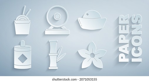 Set Bamboo, Sushi, Firework, Lotus flower, Gong and Asian noodles in paper box and chopsticks icon. Vector