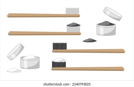 Set of bamboo tooth brushs whith black and white bristles, black and white powder, charcoal and tooth powder or baking soda isolated on white background vector illustration.