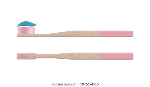 Set of bamboo toothbrush side view with toothpaste and toothbrush view from above vector illustration isolated on white background