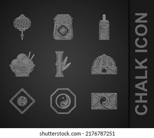 Set Bamboo, Yin Yang, and envelope, Chinese hat, Asian noodles bowl, Firework and paper lantern icon. Vector