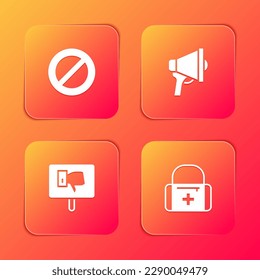 Set Ban, Megaphone, Protest und Erste Hilfe Kit Symbol. Vektorgrafik