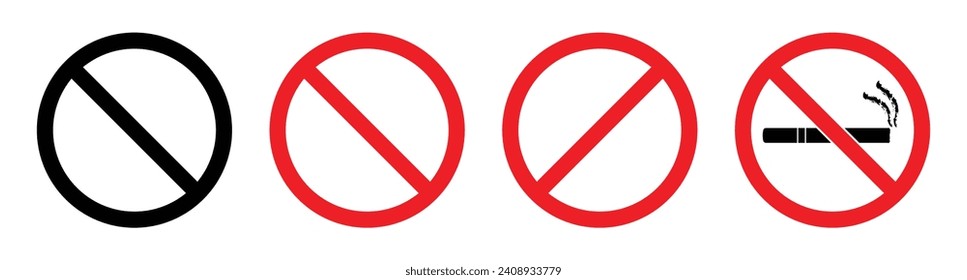 Set of ban and no cigarette, no sign in black and red color, Prohibition sign. No smoking stop symbol. Red ban icon. Vector illustration