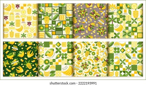 Set of banana background with design elements in simple geometric style. Seamless pattern. Good for branding, decoration of food package, cover design, decorative print, background.Vector illustration