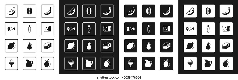 Set Banana, Carrot, Chicken leg, Watermelon, Bread toast, Hotdog, Piece of cake and Lemon icon. Vector