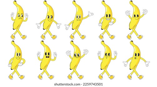 A Set of banana cartoon groovy stickers with funny comic characters, gloved hands. Modern illustration with legs and arms.