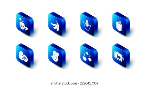Set Banana, Corn, Bell pepper, Cutting board with vegetables, Cherry, Potato, Kiwi fruit and Healthy icon. Vector