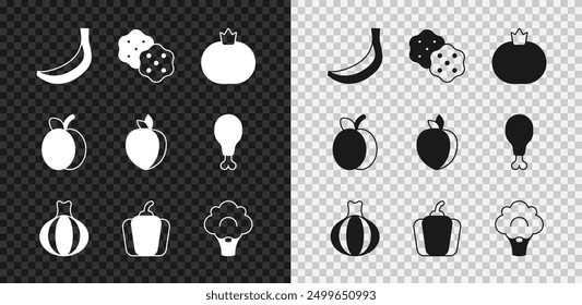 Set Banana, Cracker biscuit, Tomato, Onion, Bell pepper, Broccoli, Plum fruit and  icon. Vector