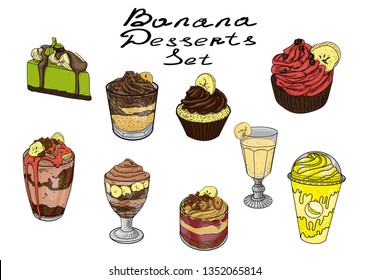 Set of banana desserts, cupcake with chocolate, ice cream, milk shake, cake, cream, juice, caramel, chocolate, vanilla, isolated vector illustrations on a white background, for design and decoration