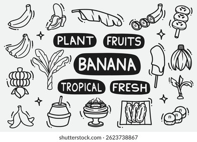 Conjunto de banana doodle bueno para el fondo, Fondo de pantalla, diseño de elementos, icono, etc
