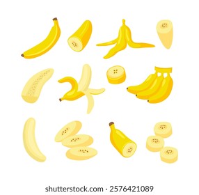 Set of banana element collection, Banana blossom with half, slices, flower, tree, leaves, banana with peel and bunch of ripe yellow banana fruit, natural food snack for vegetarian nutrition.